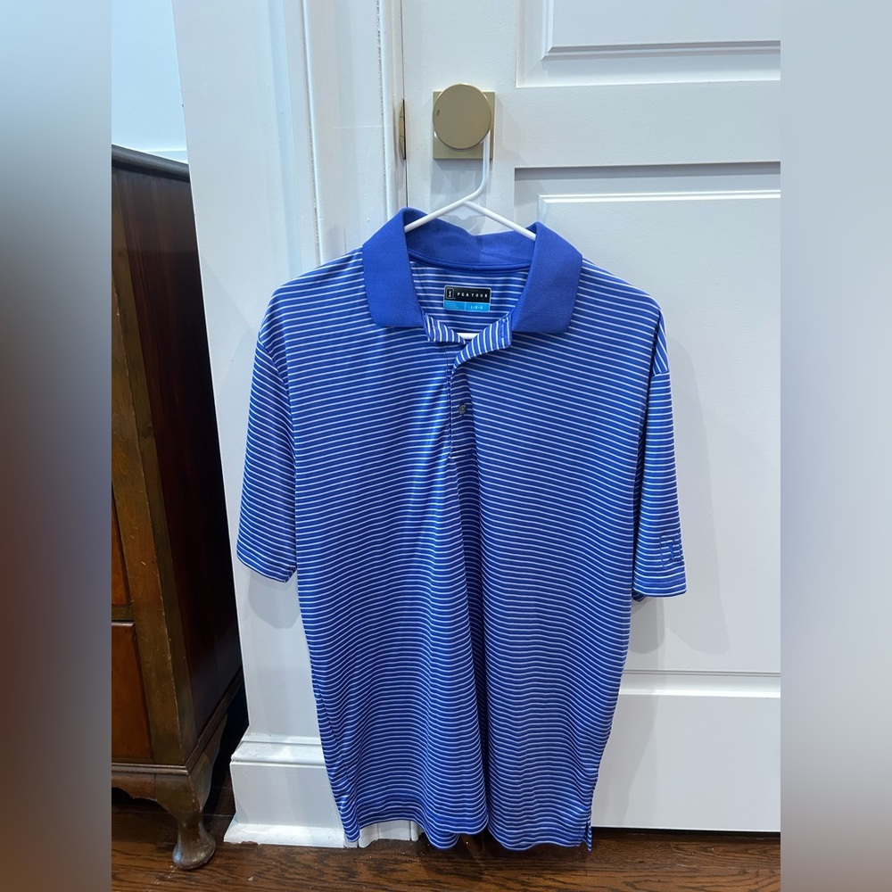 Blue striped golf polo